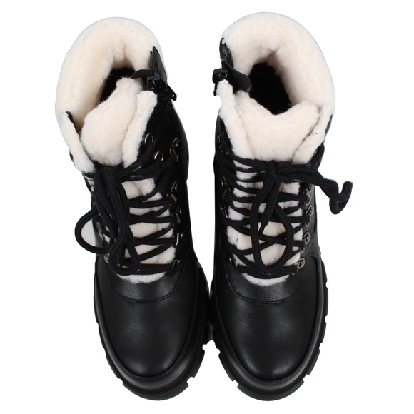 Black Faux Leather Shearling Trim Lug Winter Ankle Bootie - Picture 5 of 7